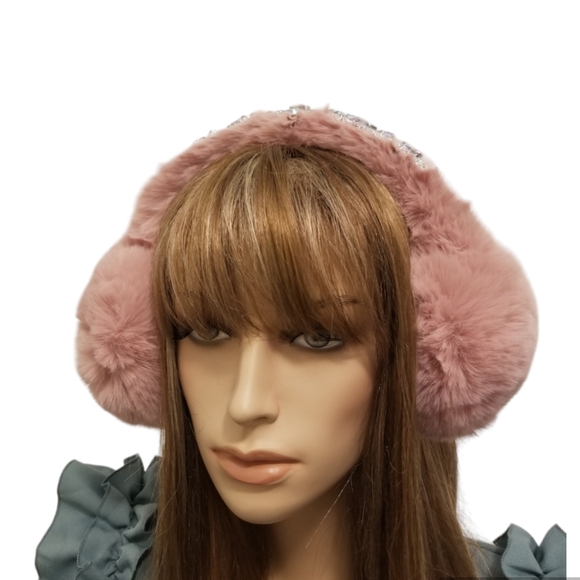 Blush Pink Faux Fur Crystal Embellished Earmuffs Earwarmers Rhinestone Headband - Picture 8 of 16